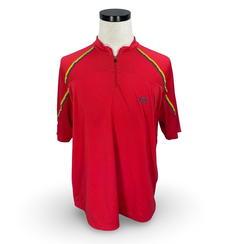 Sergio Tacchini Mens‎ Red 1/4 Zip Performance Shirt XL Striped Sleeve Mock Neck